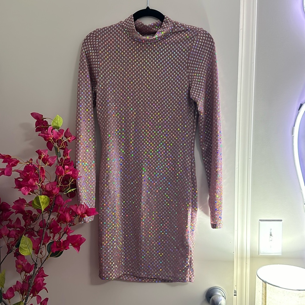 3/$150 NWOT Sparkly Sequin Mini Dress long sleeve mock neck medium